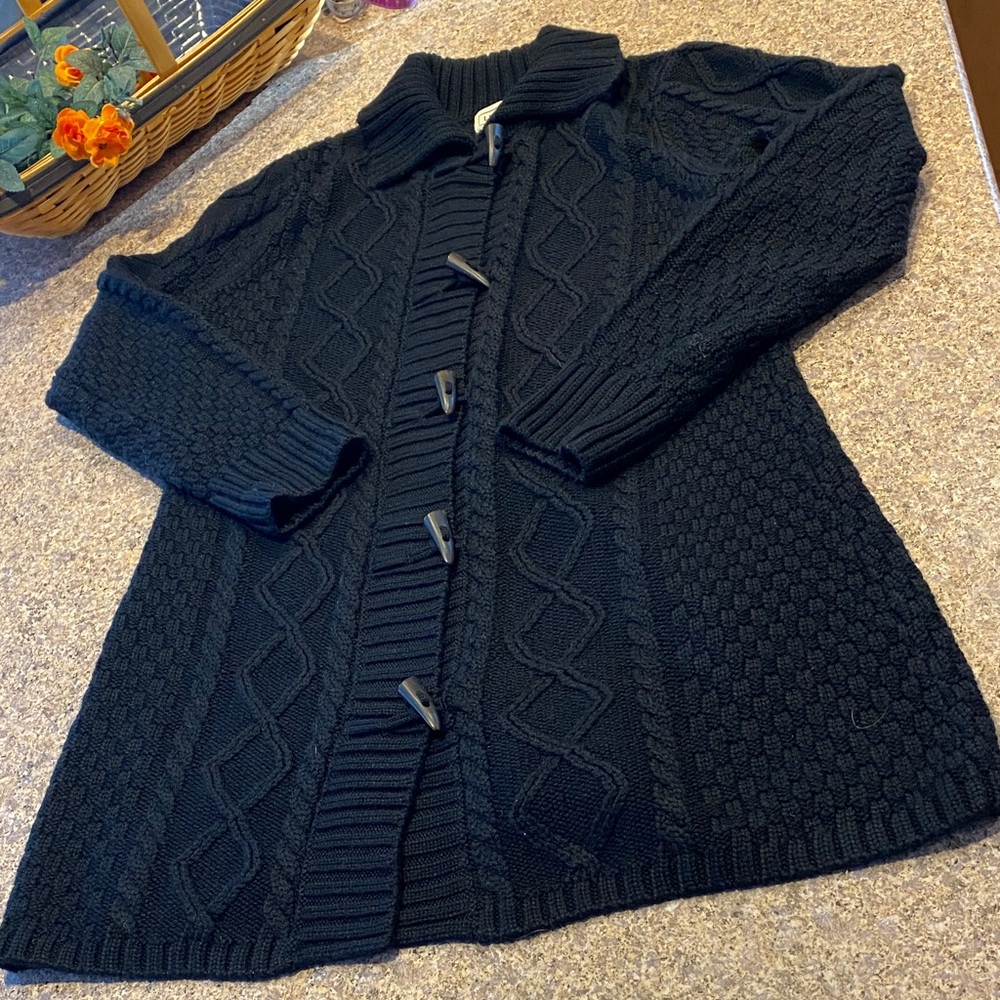 L.L. Bean Black Long Cable Knit Button Sweater L Reg Wool Acrylic Blend 0GKR7